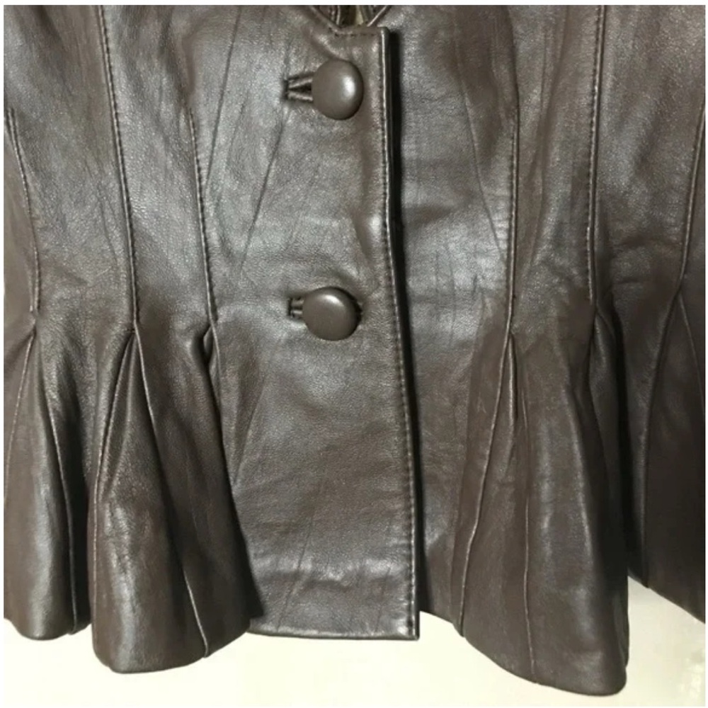 Arden B Brown Vintage Leather Fitted Waist Blazer Top with Ruffled Collar. - Picture 7 of 16